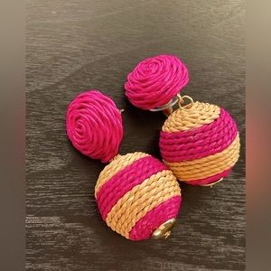 Striped Petite Pink/Beige Raffia Lantern Earrings